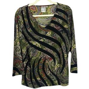Parsley & Sage Asymmetrical Design Black & Green Blouse with 3/4 Sleeves Size L